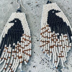 Beaded Raven Earrings in Black and White